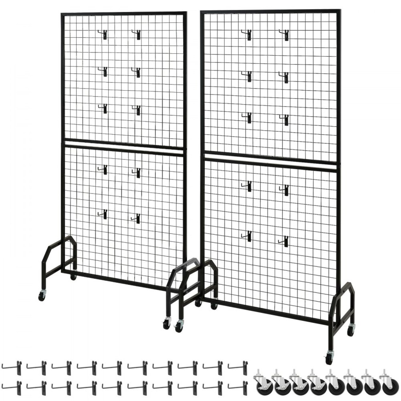 2-Pack Black Metal Grid Wall Organizer with Casters Heavy Duty Steel Panel for Retail or Home